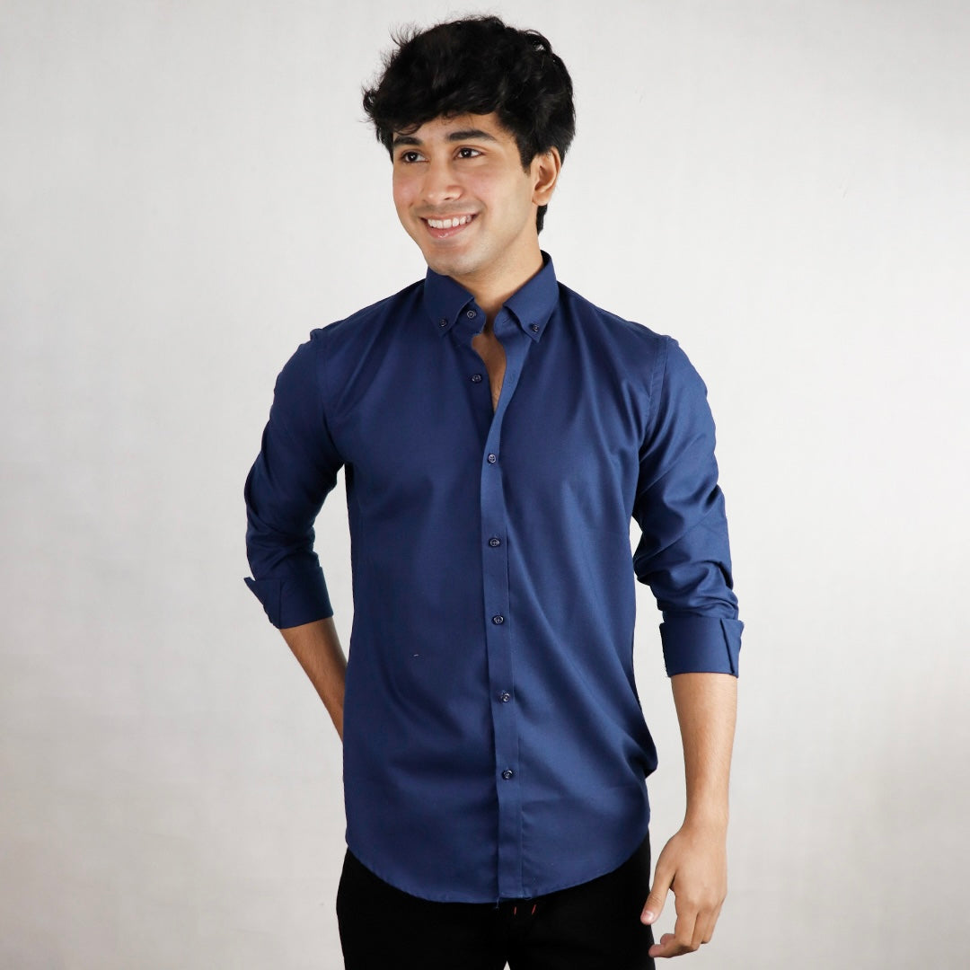 Button Down Plain Casual Shirt-  Blue