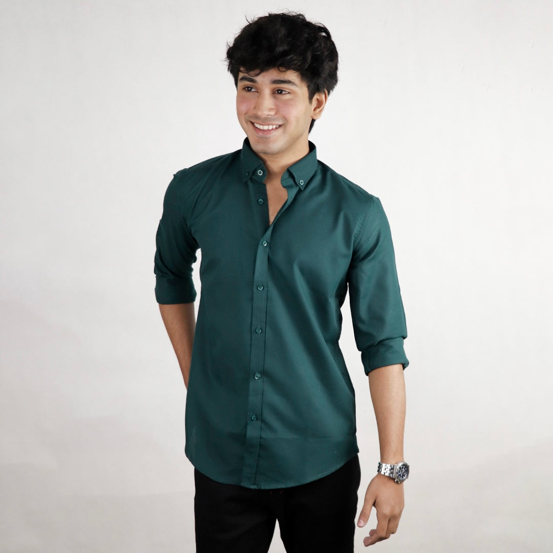 Button Down Plain Casual Shirt- Bottle Green