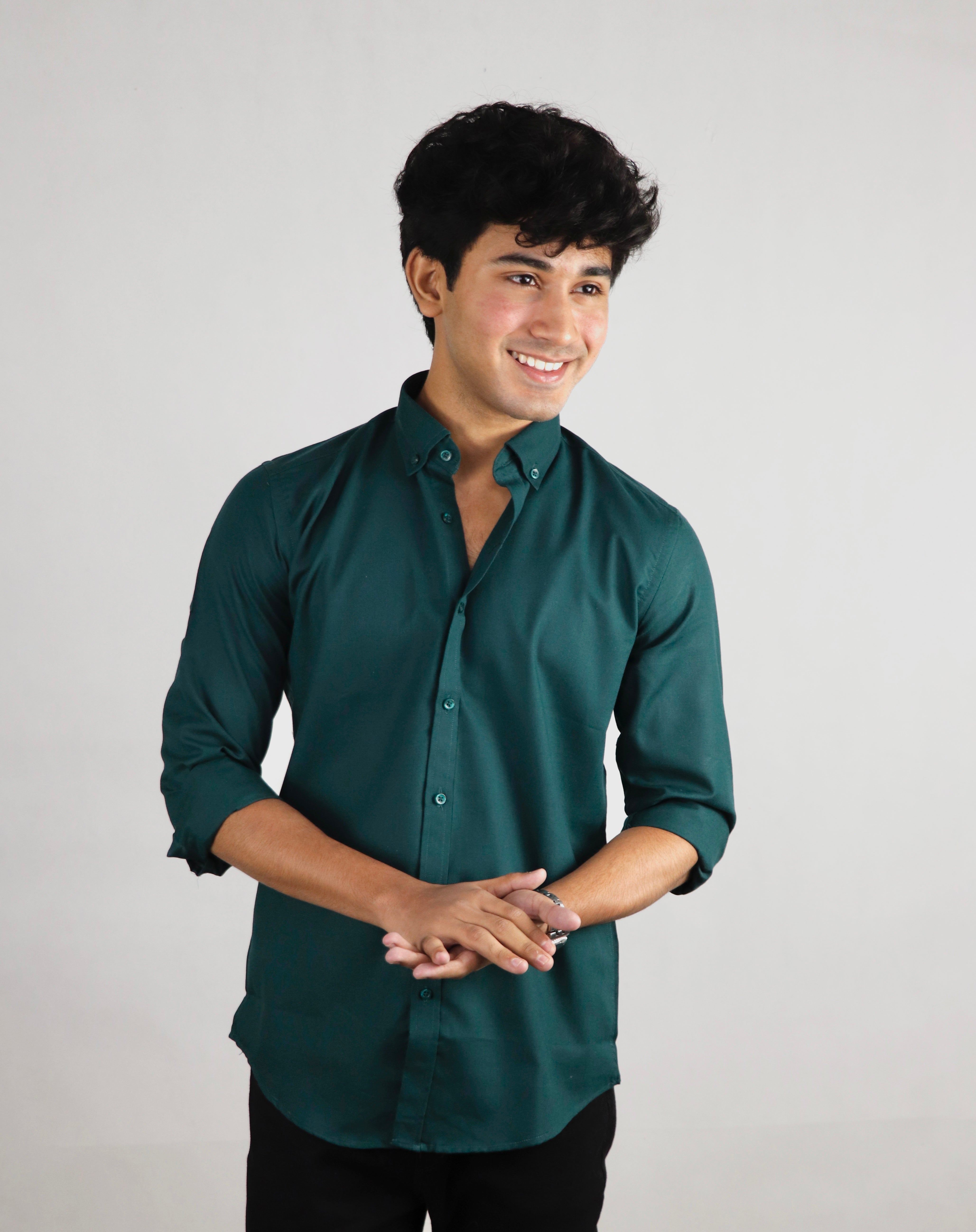 Button Down Plain Casual Shirt- Bottle Green