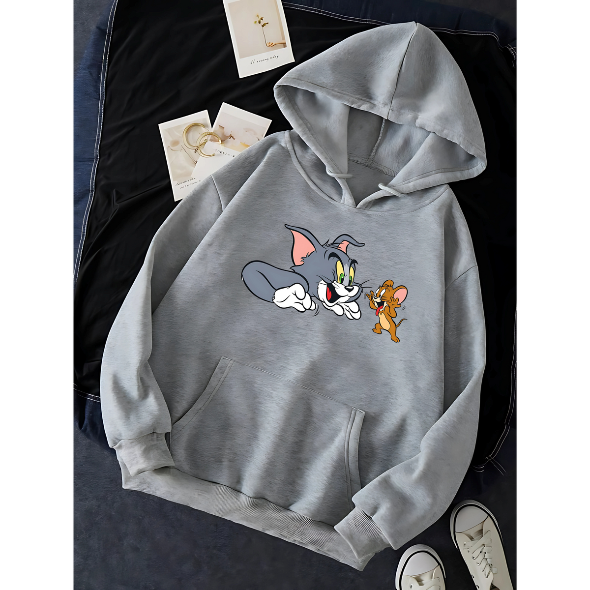 Premium Graphic Hoodie Grey - TOM AND JERRY